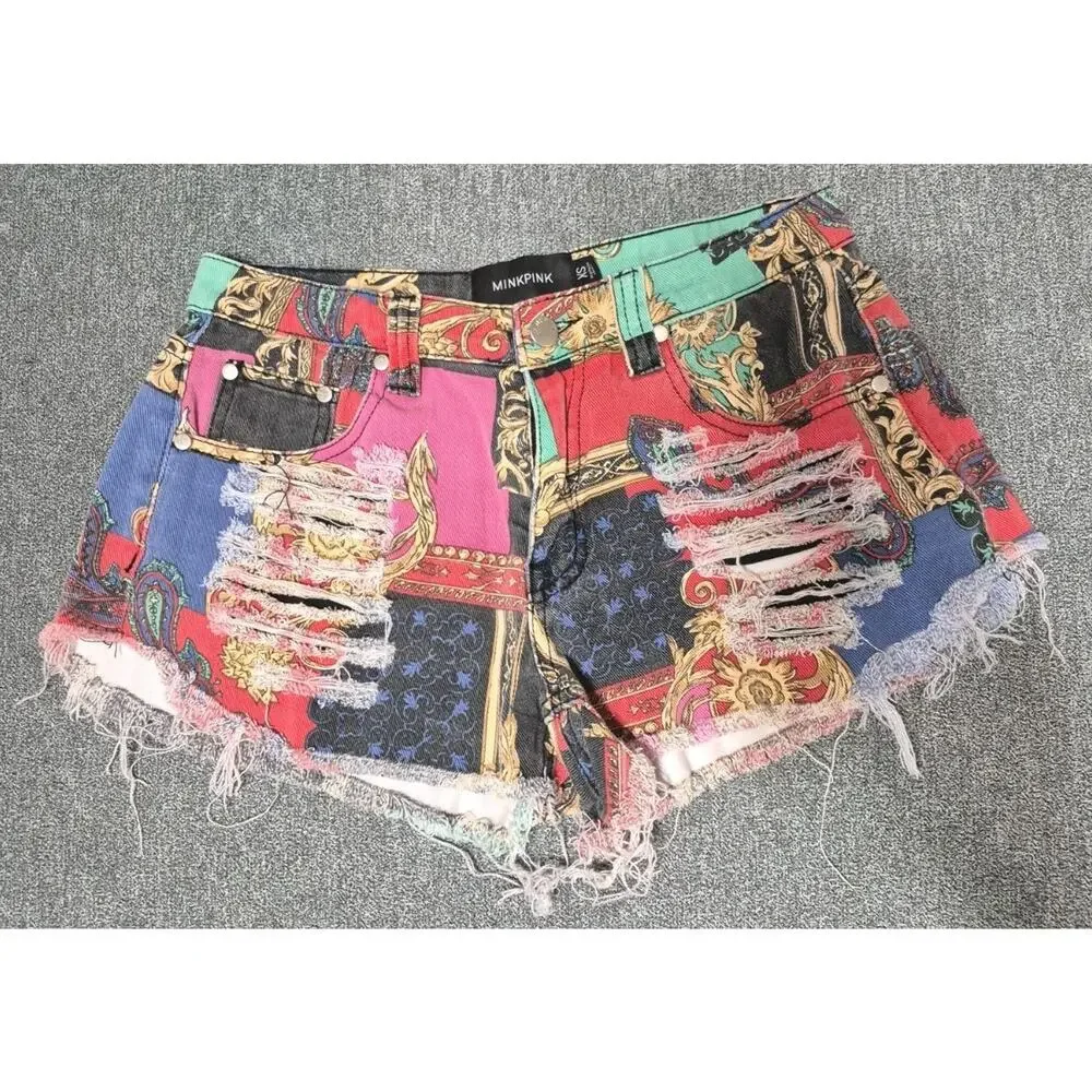 Minkpink Outrageous Fortune Slashed Baroque Print Shorts Women XS Distressed